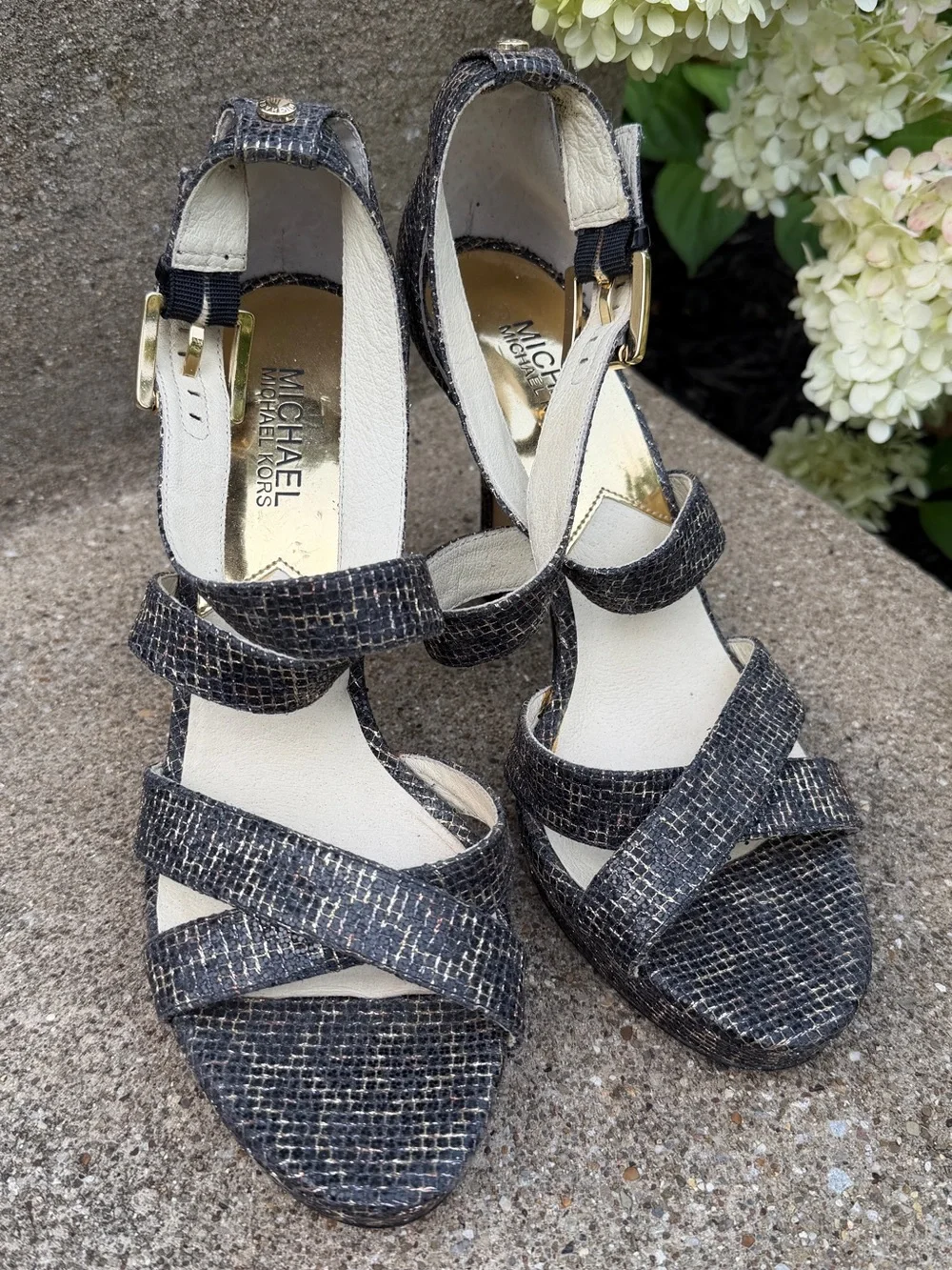 Michael Kors Evie Cheetah Black Glitter Platform Leather Open Toe Sandal 9